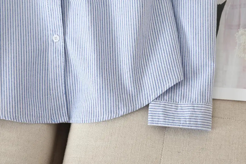 Casual Cotton Women's Oxford Shirt 2024 Autumn New Good Quality Woman Blouse and Tops Lady White Blue Striped Shirts Clothes - Smarsty
