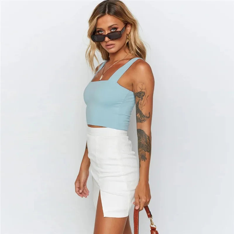 Square Neck Sleeveless Summer Crop Top White Women Black Casual Basic T Shirt Off Shoulder Cami Sexy Backless Tank Top - Smarsty