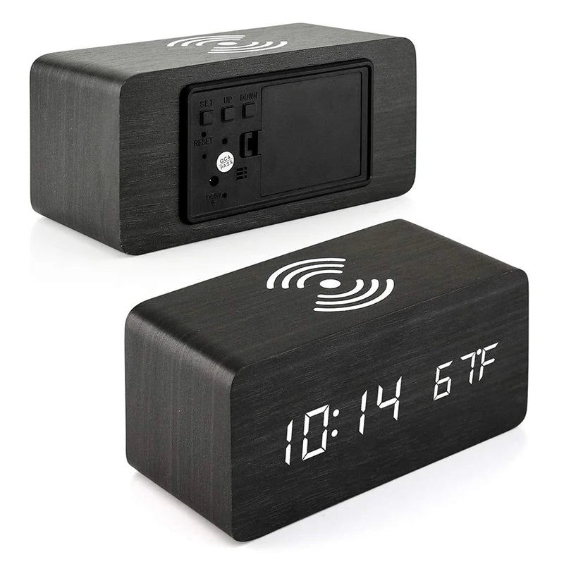 Wooden Digital Alarm Clock with Wireless Charging Feature - Smarsty