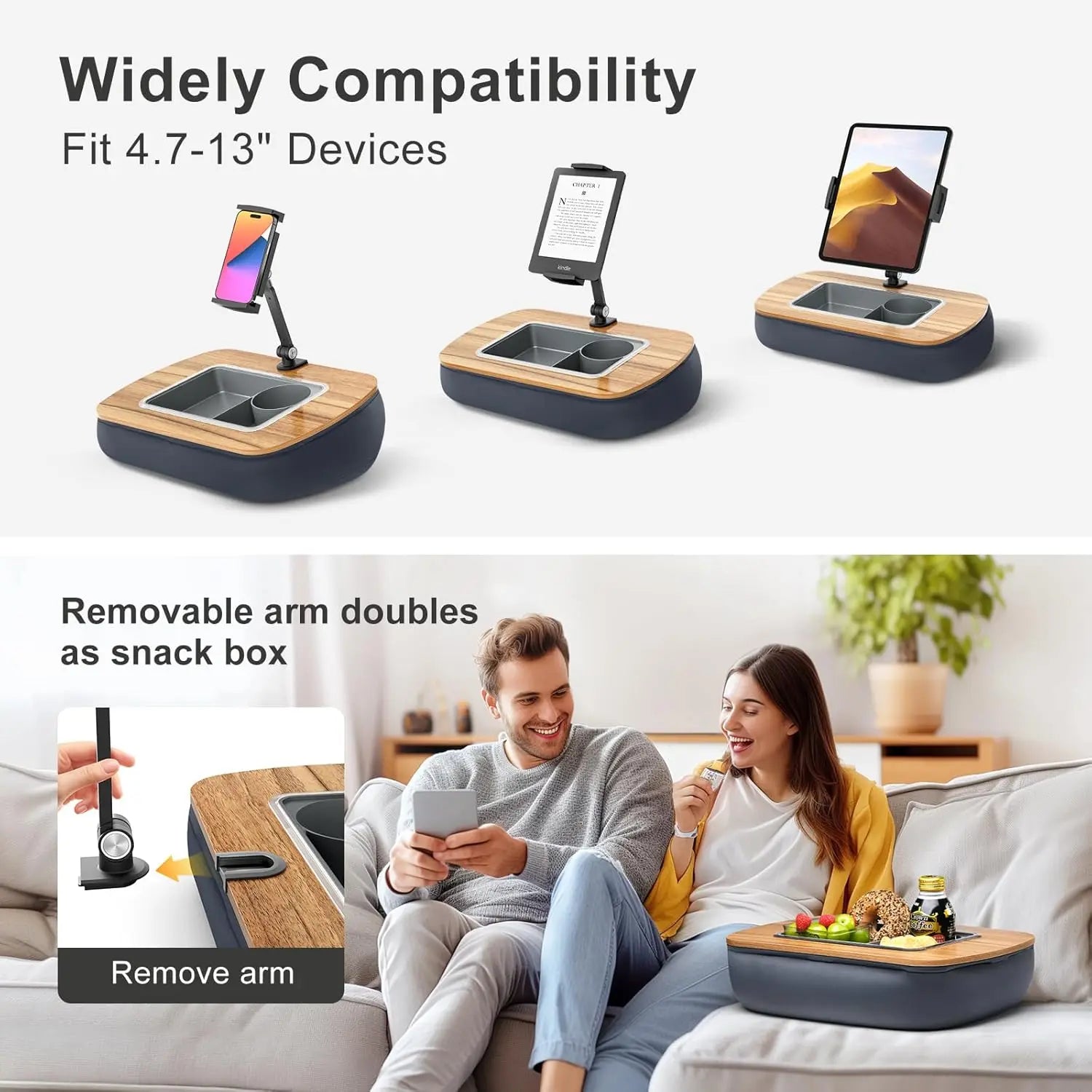 Adjustable Tablet Pillow Stand with Snack Bowl, 360° Rotating Clip for 4.7-13" Devices, Hands-Free Reading on Bed or Couch