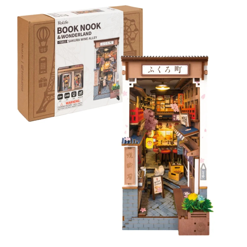 Robotime Sakura Wine Alley DIY Booknook with Lights DIY Miniature Dolls House Kit 3D Wooden Puzzle Bookend Bookshelf Decor Gift by Smarsty
