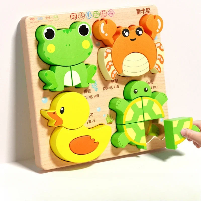 Montessori Cartoon 3D Wooden Puzzle Animal Traffic Jigsaw Toys for Kids Early Learning Educational Cognitive Game Children Gifts by Smarsty
