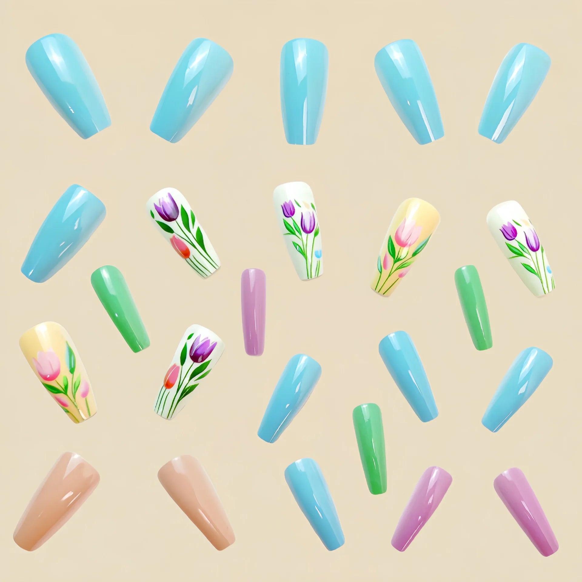 24 Piece Set Medium Long Press On Nails with Peach Flower Design - Smarsty