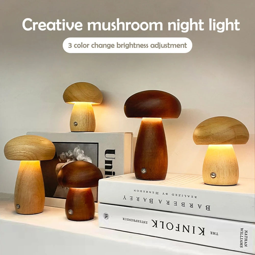 Wooden Mushroom Night Light with Stepless Dimming - Smarsty