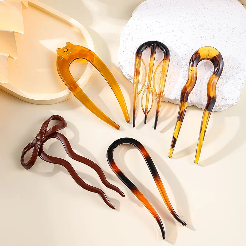 U-Shaped Hair Fork Fashion Tortoiseshell Acetate Acrylic Hairpin Geometric Headwear Hair Sticks Women Girls Hair Accessories - Smarsty