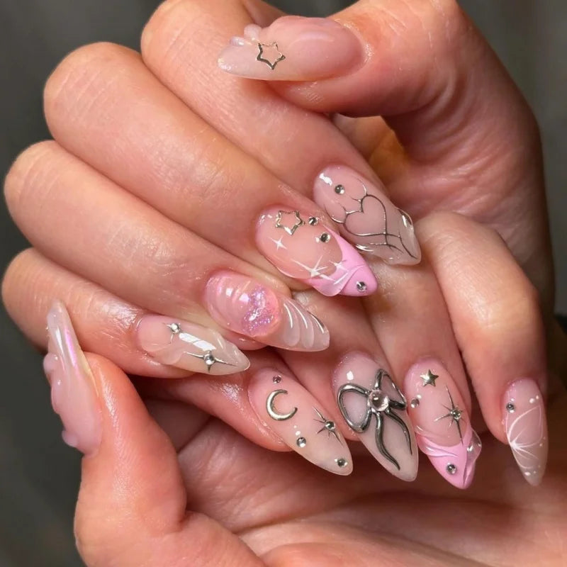 Colorful Press On Almond Nails Set with Pearl Flowers - Smarsty