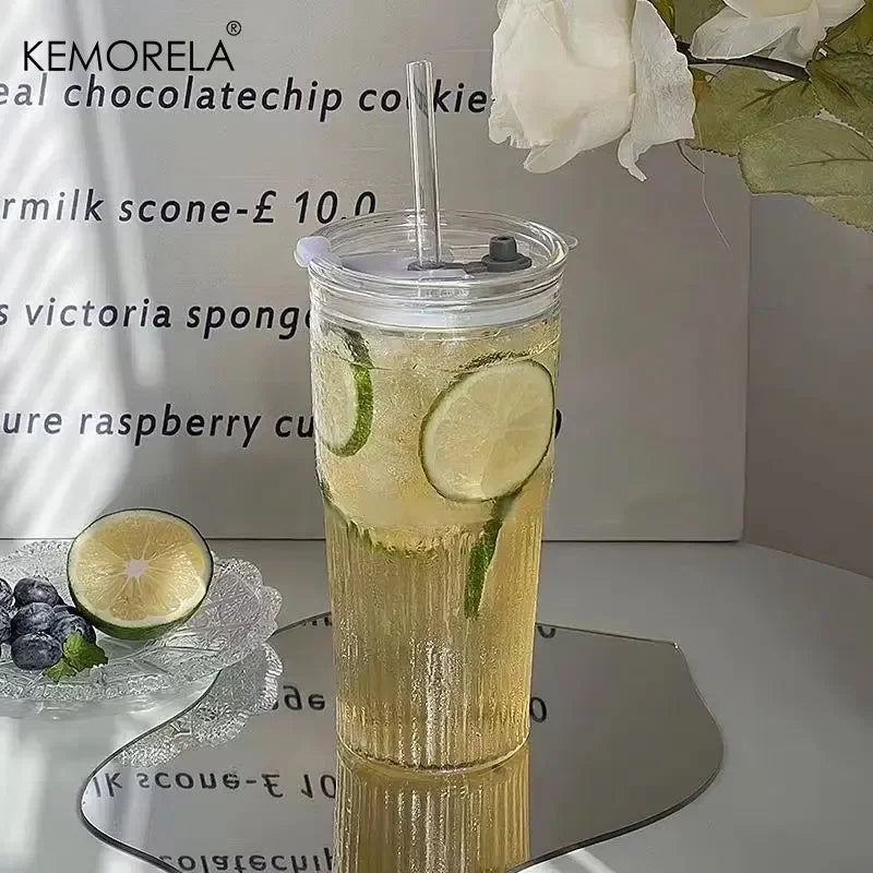 600ML Eco-Friendly Stripe Glass Cup with Lid and Straw - Smarsty