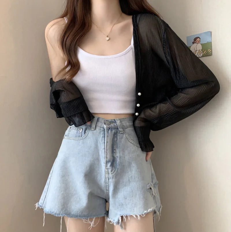 2025 Fairy Style Solid Cardigan Women Summer New Long Sleeve Sunscreen Sweet Beading V-neck Basics Loose Chiffon Cardigan - Smarsty