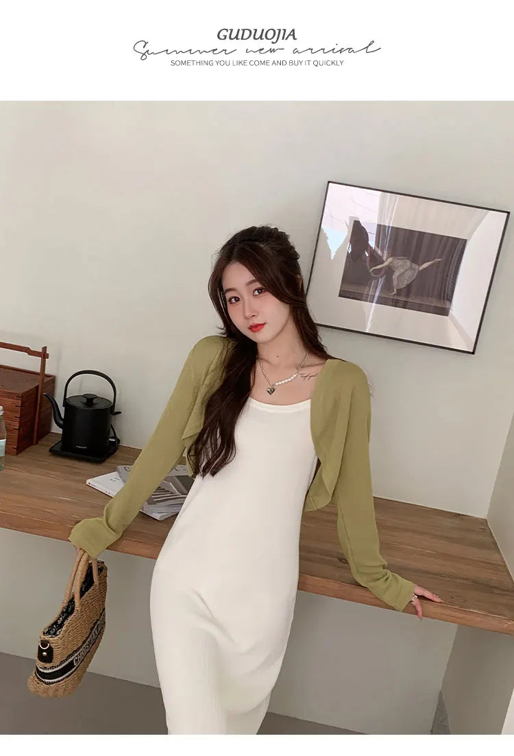 Short Ice Silk Knitted Sun Protection Cardigan Women's Thin Summer Suspender Skirt Layered Gauze Jacket Air-conditioned Cover Up - Smarsty