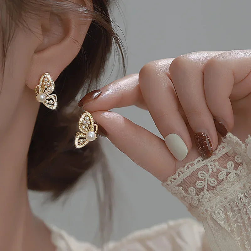 Pearl Long Earrings With Rhinestones For Wedding Fashion - Smarsty