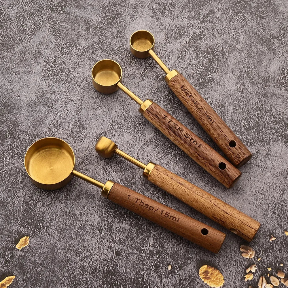 Gold Wooden Handle Stainless Steel Measuring Cups Set - Smarsty