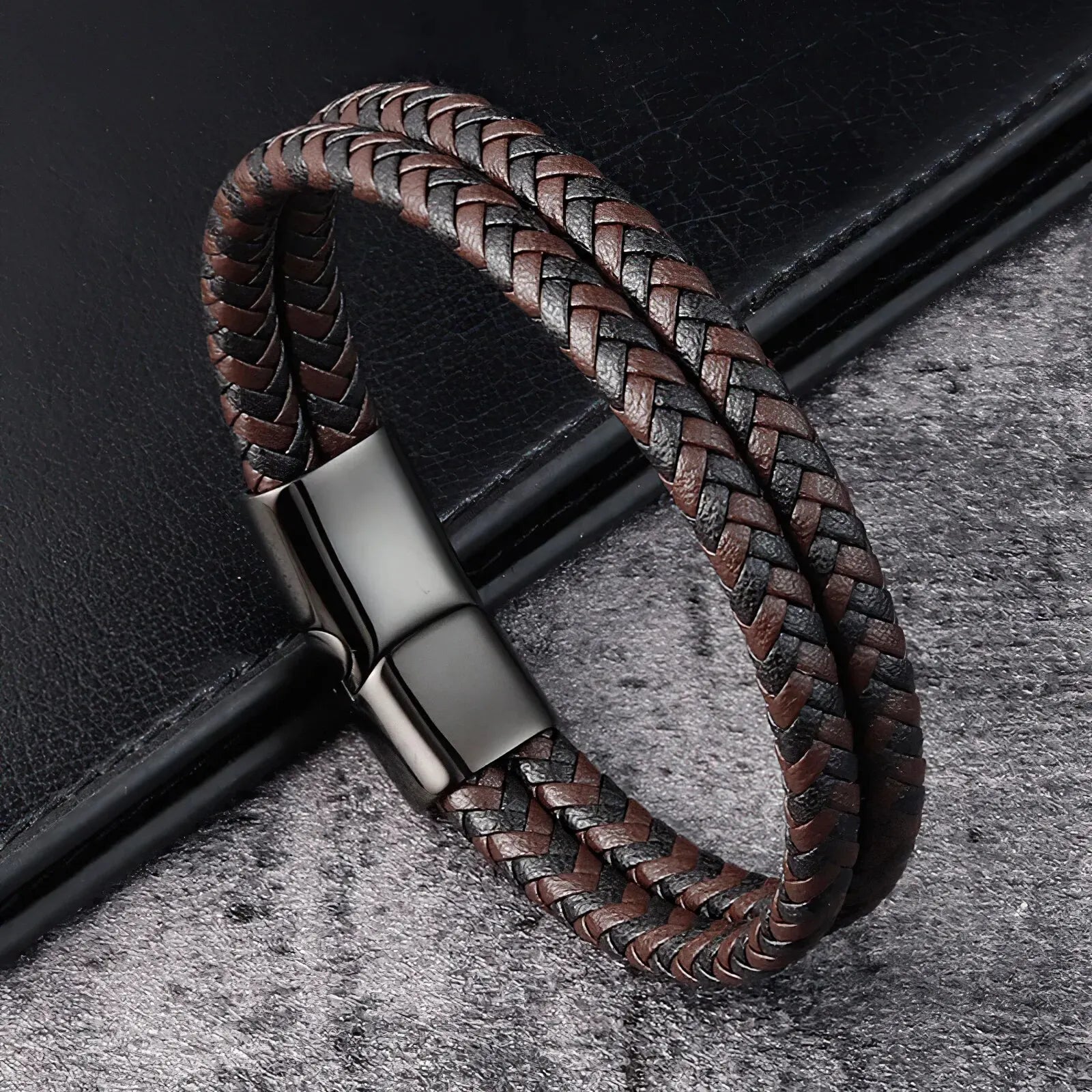 Mens Braided Leather Bracelet Double Band Bangle - Smarsty
