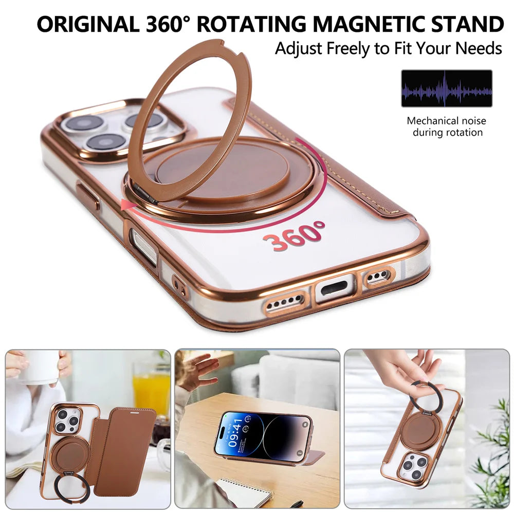 Flip Leather Wallet Rotating Fold Stand Magnetic Phone Case For iPhone 15 16 17 Pro Max 16E 14 13 12 For Magsafe Clear Cover