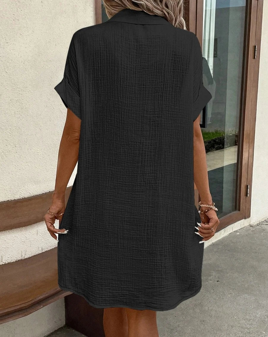 Vintage Women Solid Mini Dress Summer Fashion V-neck Three Quater Sleeve Cotton Linen Dress Ladies Casual Holiday Vestidos - Smarsty