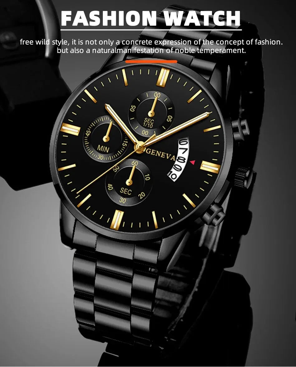Luxury Black Stainless Steel Men's Watch with Calendar Feature - Smarsty