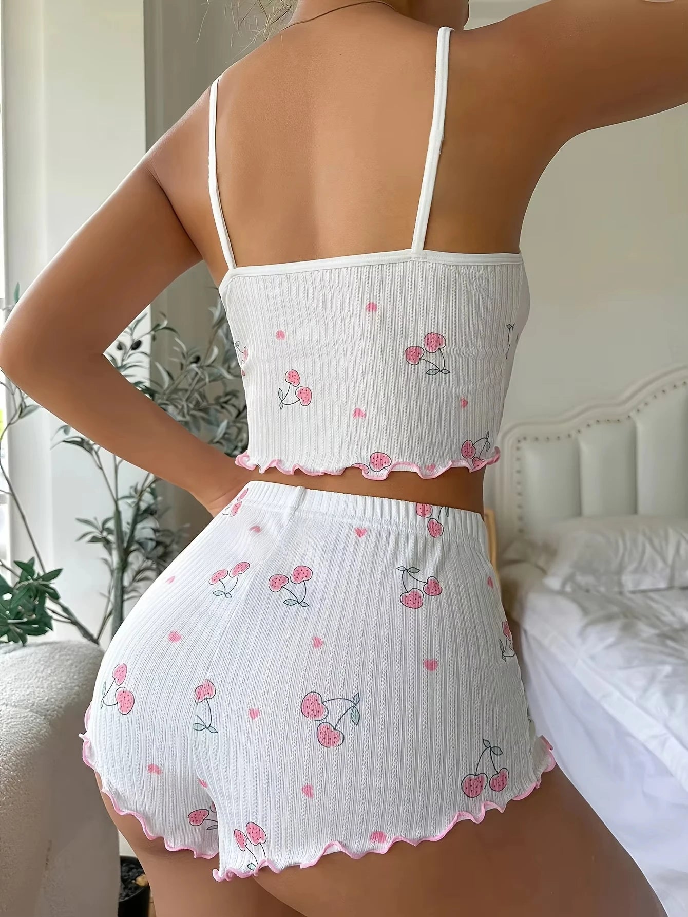 Sleepwear Women's Summer Pajama Set Heart Print Sexy Ribbed Bow Decor Round Neck Backless Crop Cami Top & Shorts Nightwear - Smarsty