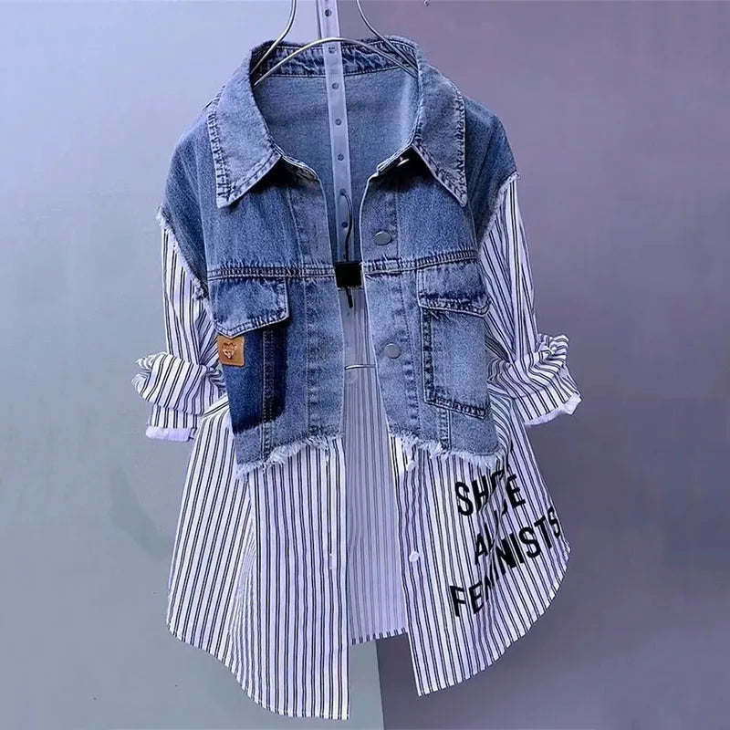 New Splicing Denim Jacket Women Spring Autumn Korean Fashion Denim Shirt Ladies Tops Casual Jean Coat Female Windbreaker - Smarsty