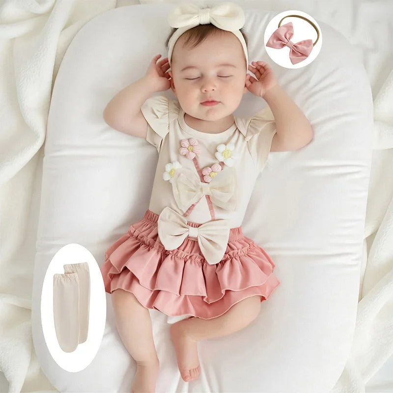 Toddler Girls Floral Print Romper with Ruffle Sleeve and Matching Shorts Set Cute Headband Included - Summer Outfit for Baby