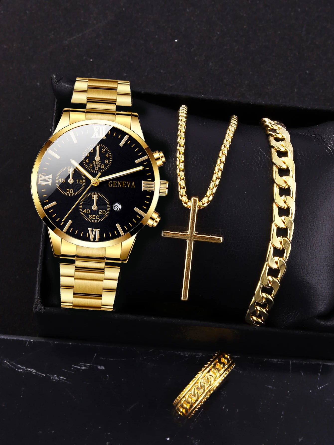 Gold Alloy Men's Quartz Watch and Cross Jewelry Set - Smarsty