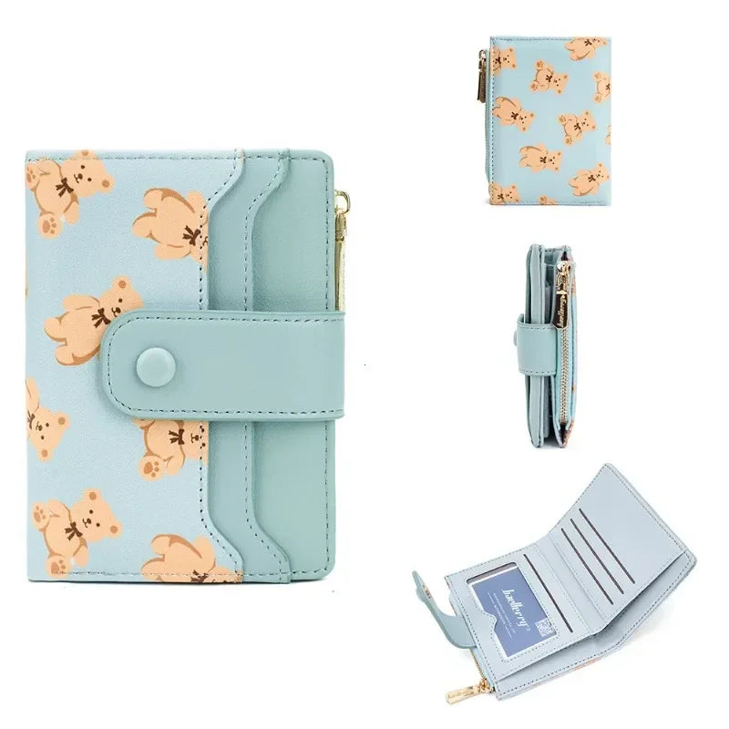 Women Short Wallets PU Leather Female Bifold Purses Cute Bear Card Holder Wallet for Girl Small Zipper Wallet with Coin Purse - Smarsty