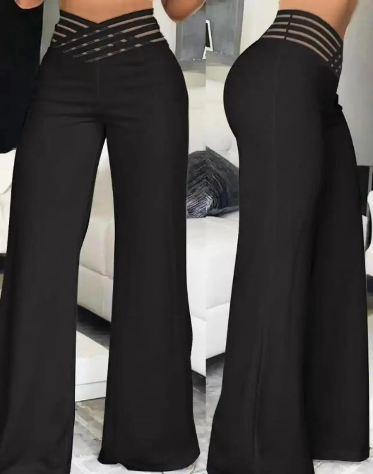 Women Wide Leg Flared Pants Autumn Casual Crisscross Sheer Mesh Patch High Waist Trousers Y2k Streetwear Elegant Work Pant - Smarsty
