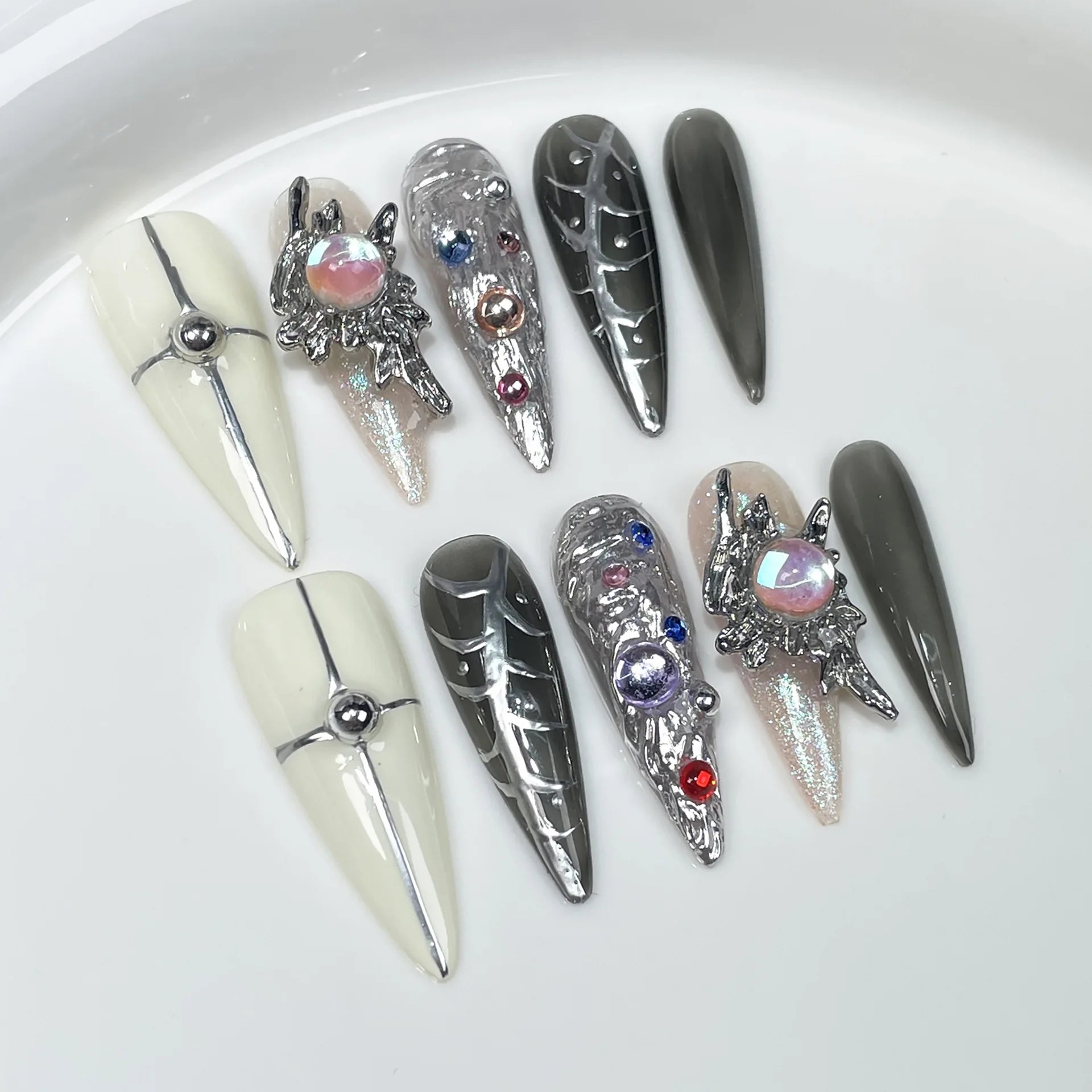 Dark Black Stiletto Press On Nails with Butterfly Design - Smarsty