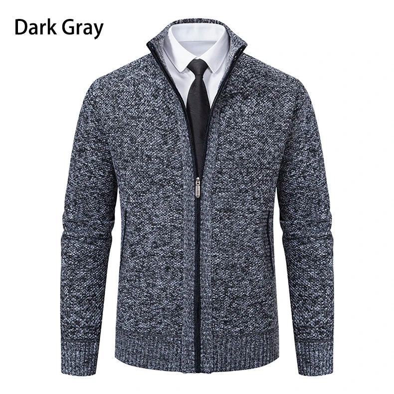 Autumn And Winter New Jersey Men's Casual Sports Coat Solid Color Stand Collar Wweater Grab Fleece Warm Zipper Cardigan - Smarsty