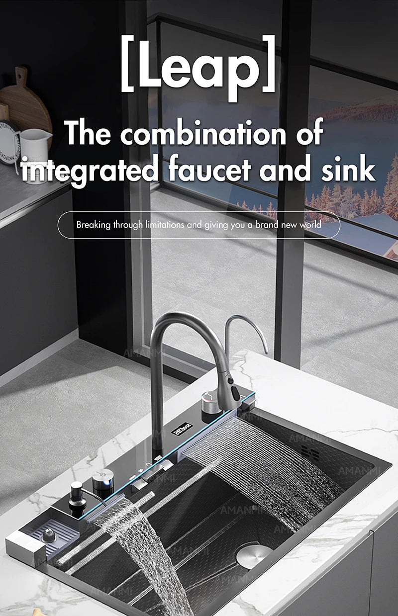 Large Stainless Steel Kitchen Sink with Digital Faucet Display - Smarsty