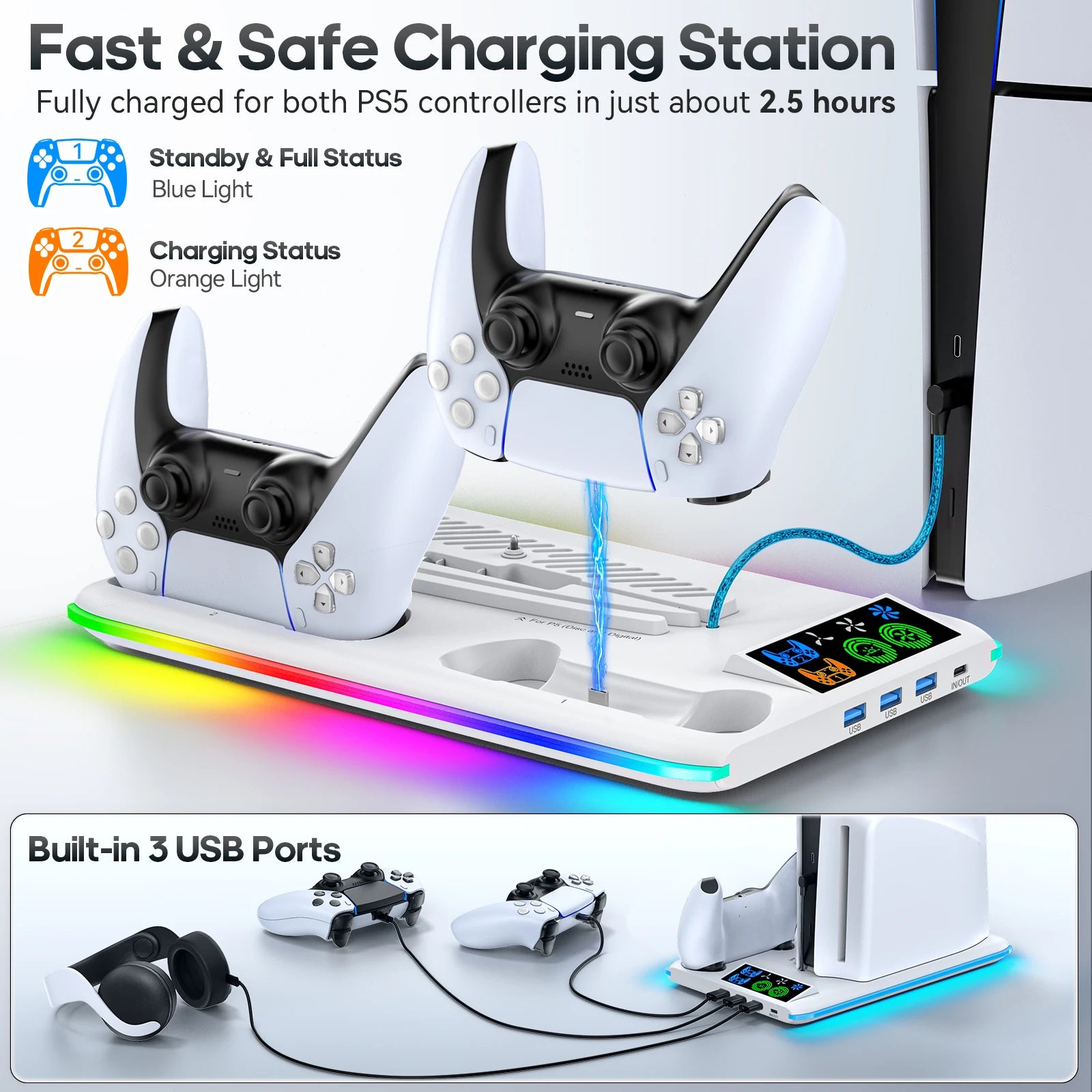 for PS5/PS5 Slim/PS5 Pro Stand with Headphone Hook Cooling Stand & Controller Charging Station for PS5 With 3 Levels Cooling Fan