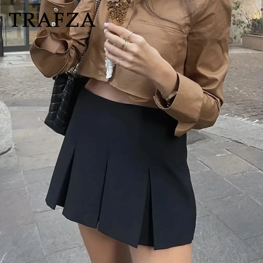 TRAFZA 2025 Spring Summer Women Casual Tierred Mini Skirts Fashion Vintage Solid High Wasit Ruffles Pleated Sexy Shorts Skirts - Smarsty