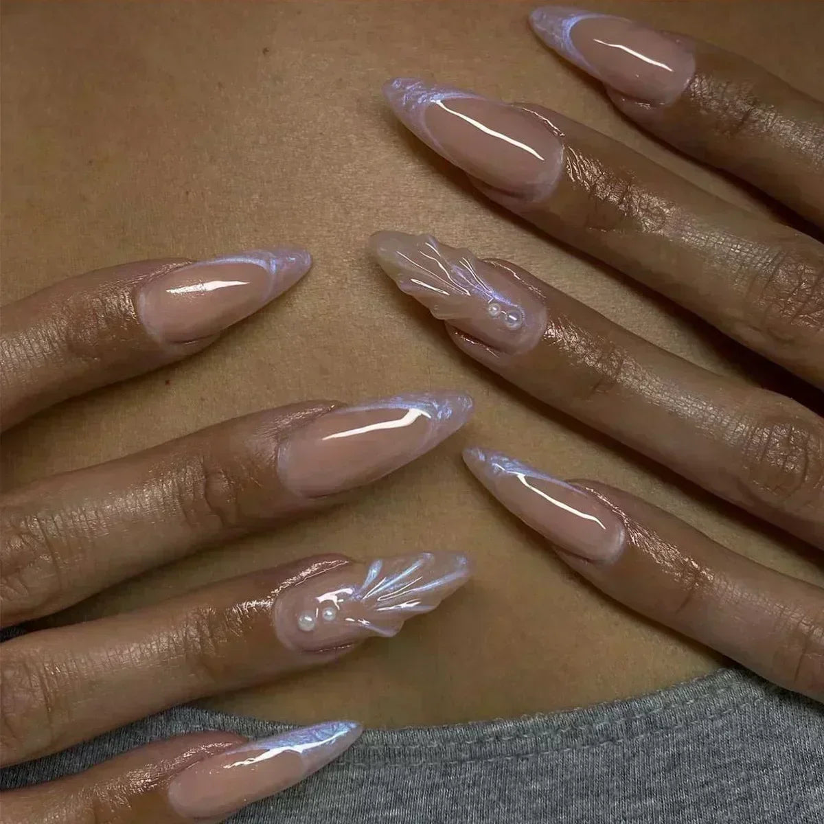 24Pcs Pink Almond False Nails with French Design - Smarsty