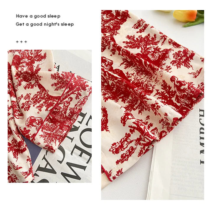 Fashion Print Flower 2PCS Pajamas Set Women Sleepwear Spring Summer Trouser Suits Lounge Wear Loose Satin Homewear Pijamas Suit - Smarsty