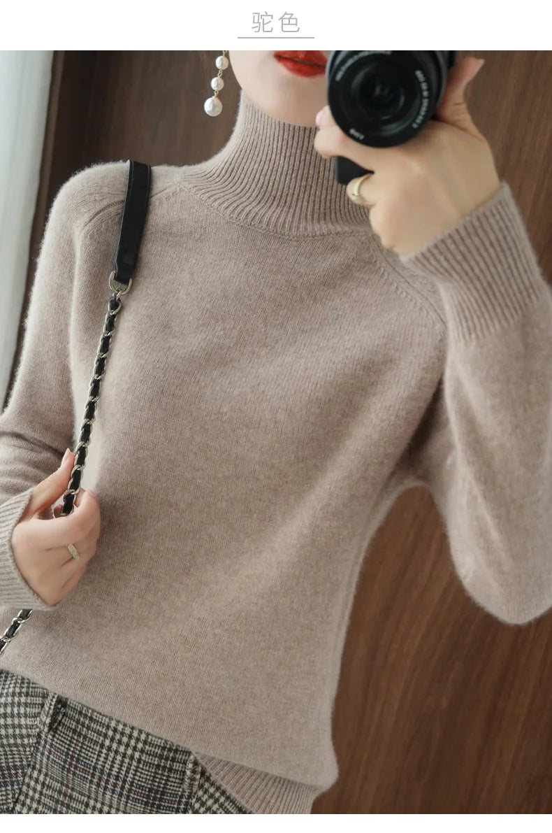 Fashion Basic Autumn Winter Merino Wool Sweater Mock Neck Cashmere Pullover Solid Color Soft Long Sleeve Clothing Tops - Smarsty
