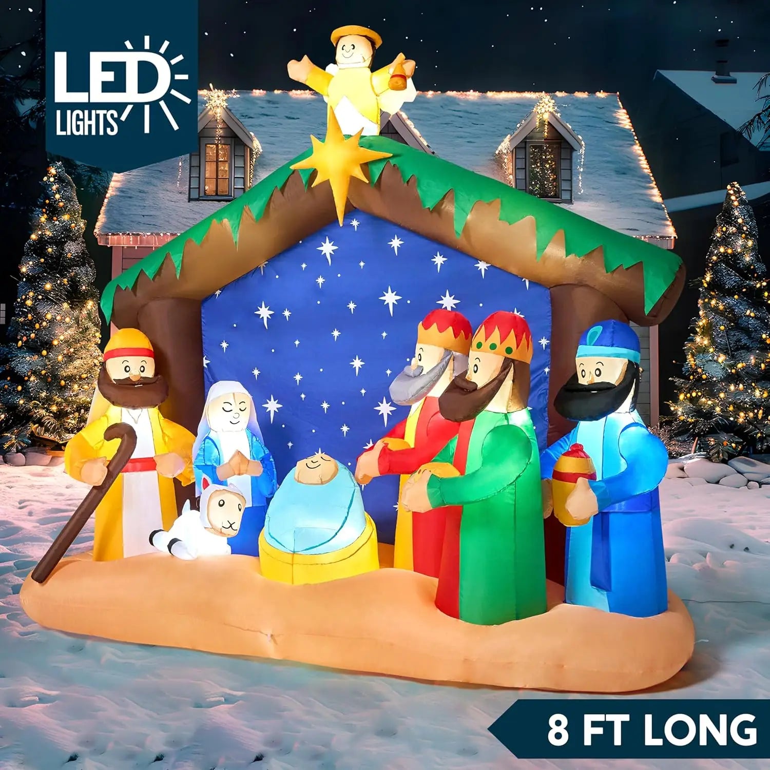 JOYFY 8 FT Long Christmas Inflatables Nativity Scene Christmas Nativity Set with Build-in LEDs for Xmas Party Yard Décor