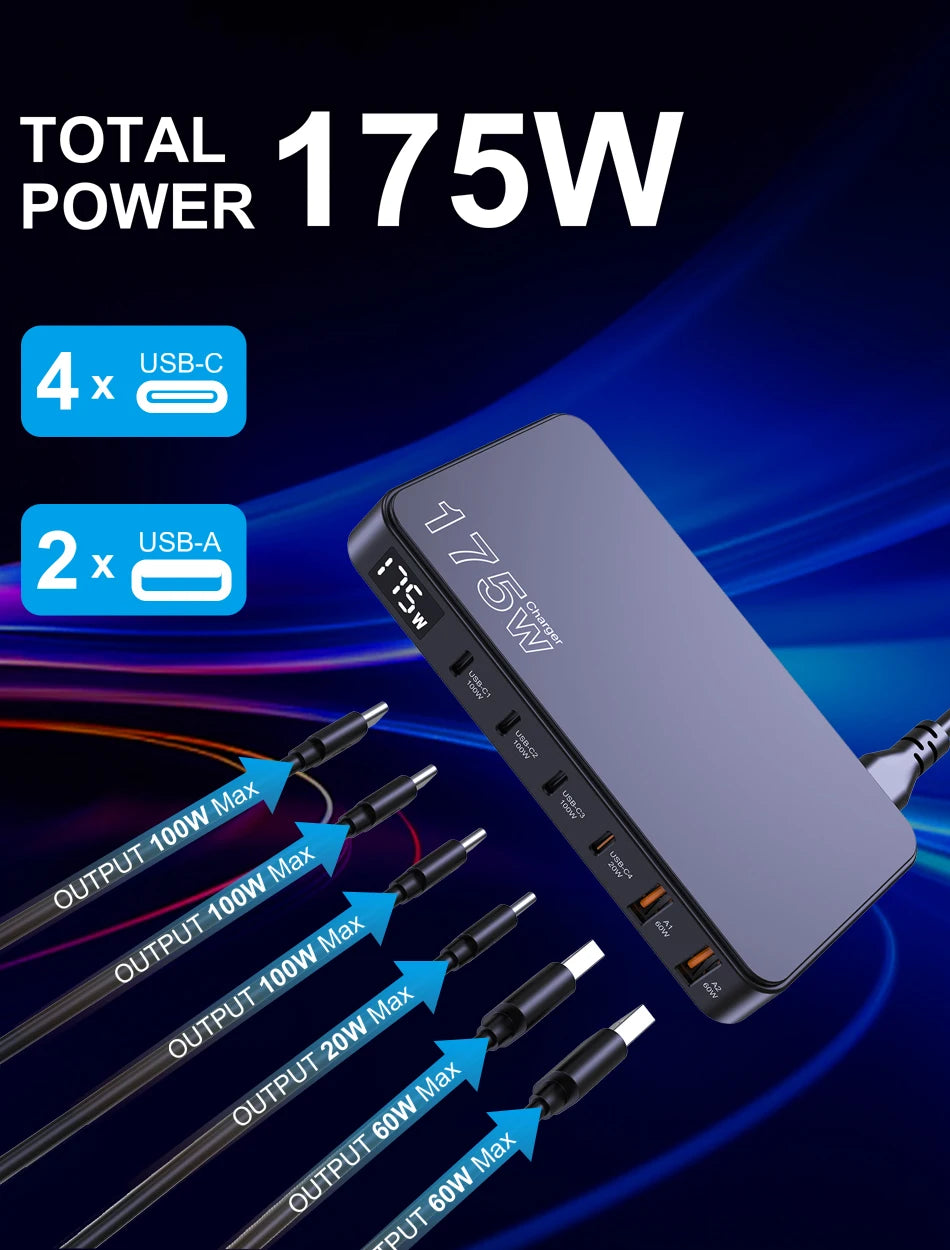 GaN USB C 6Port Desktop Charger With Fast LED Display - Smarsty