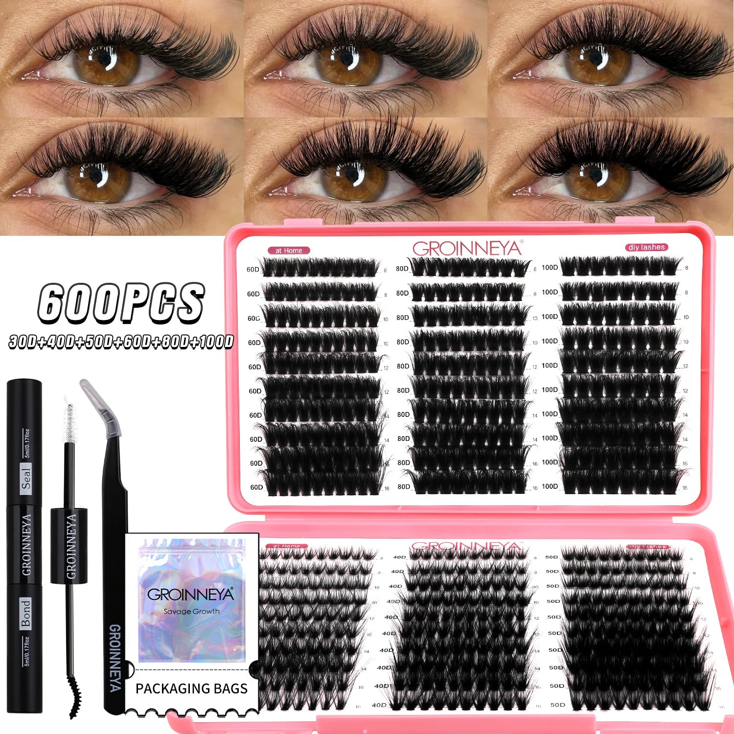 GROINNEYA DIY Lash Clusters Kit Mixed Tray Eyelash Extension Full Set Individual Lashes with Lash Bond&Seal and Tweezers Tool - Smarsty