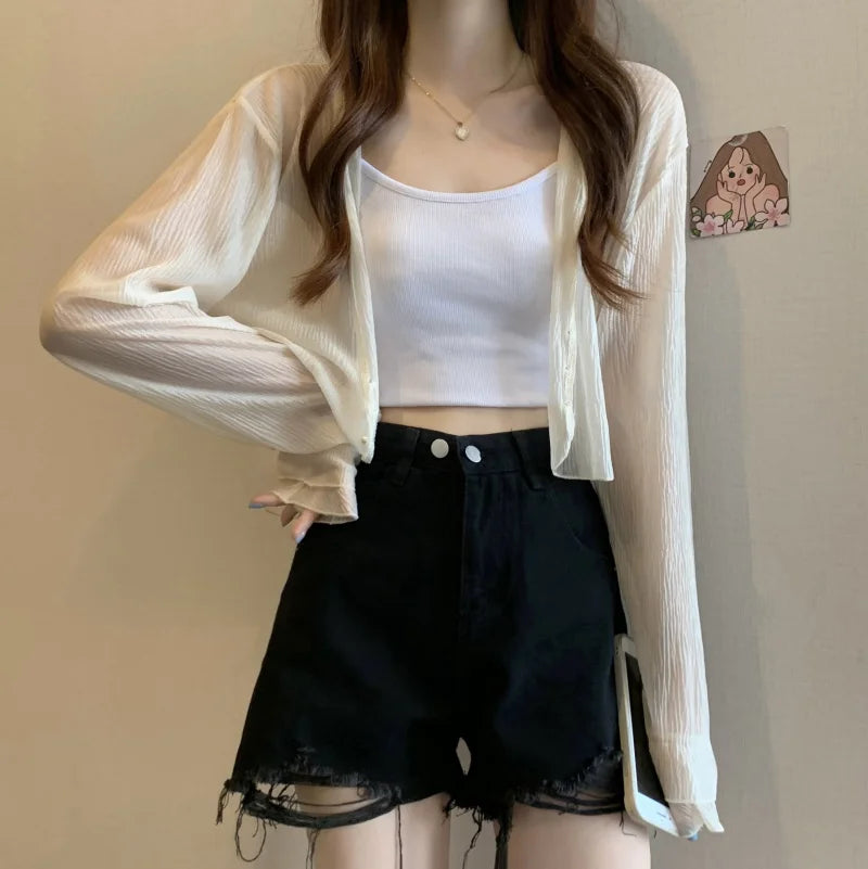 2025 Fairy Style Solid Cardigan Women Summer New Long Sleeve Sunscreen Sweet Beading V-neck Basics Loose Chiffon Cardigan - Smarsty