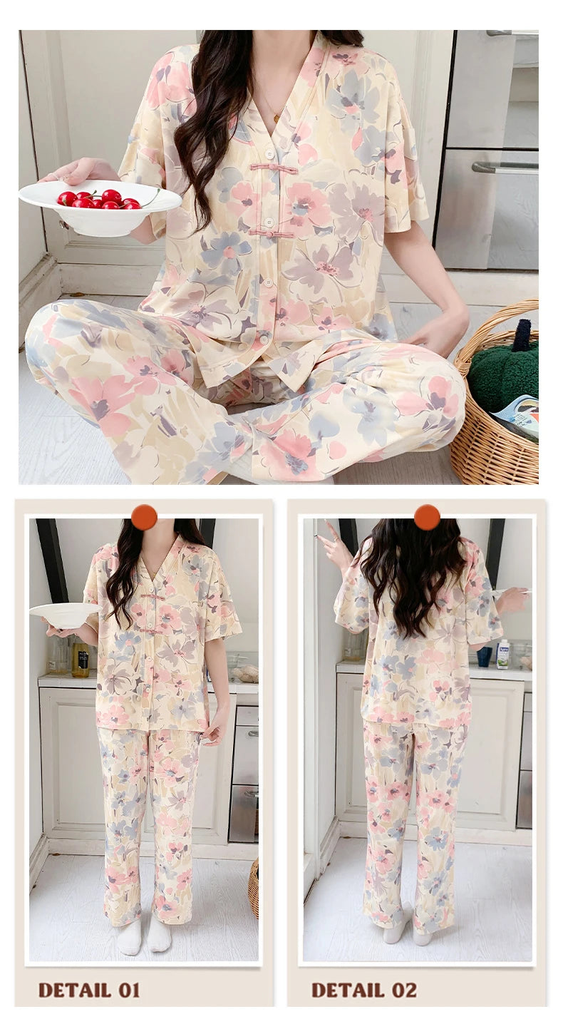 Pigma For Women Cotton Pajama Sleepwear Big Size Pajamas Nightwear Summer Women's Short Sleeved Long Pants Cardigan Pajama Set - Smarsty