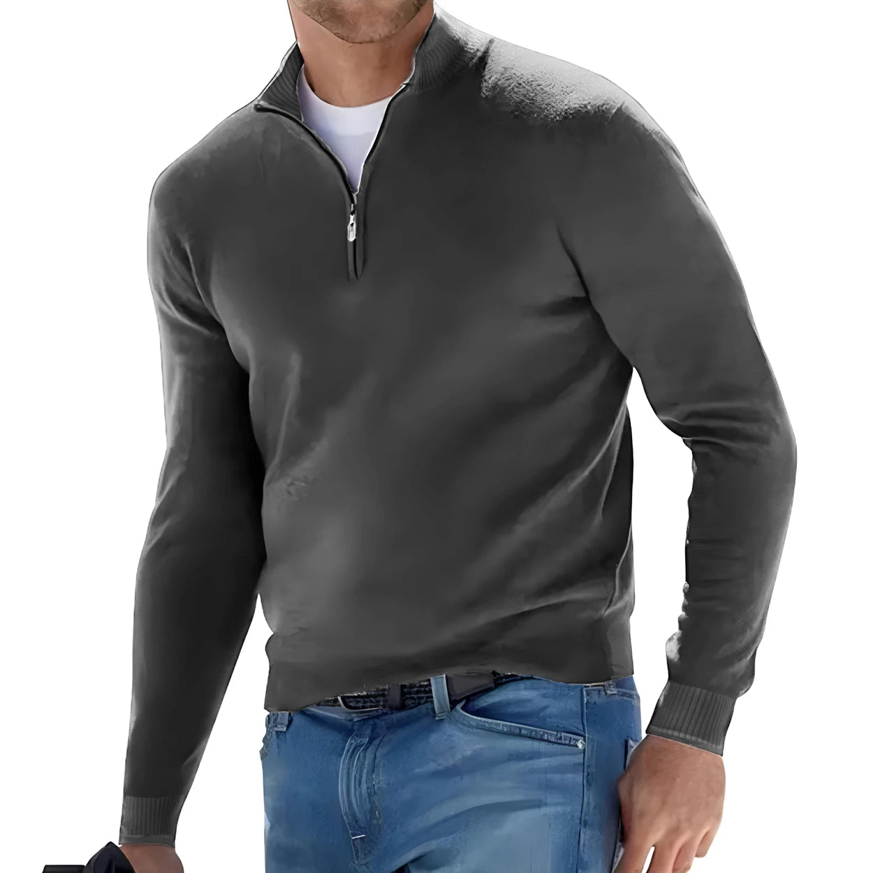 New Men's Long Sleeve Pullover Solid Color Half Zipper Sweaters V-neck Knitted Sweater Men Oversized Breathable Streetwear - Smarsty