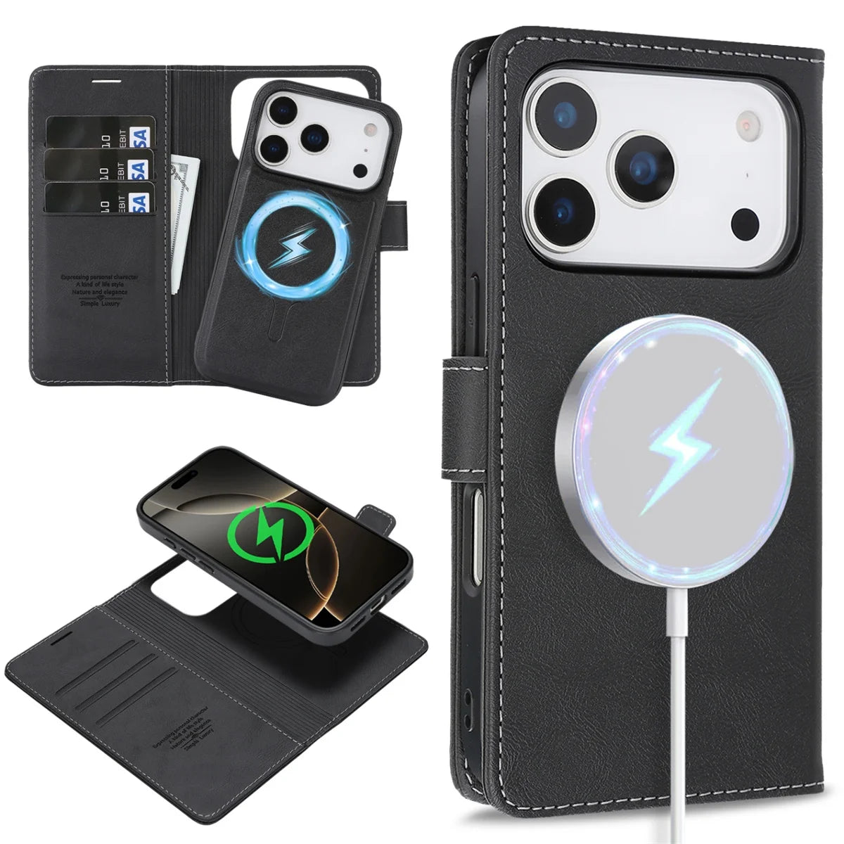2 in 1 MagSafe Magnetic Leather Phone Case for IPhone 17 Air 16 Pro Max 15 Plus 14 13 12 16E Card Slots Wallet Protective Cover