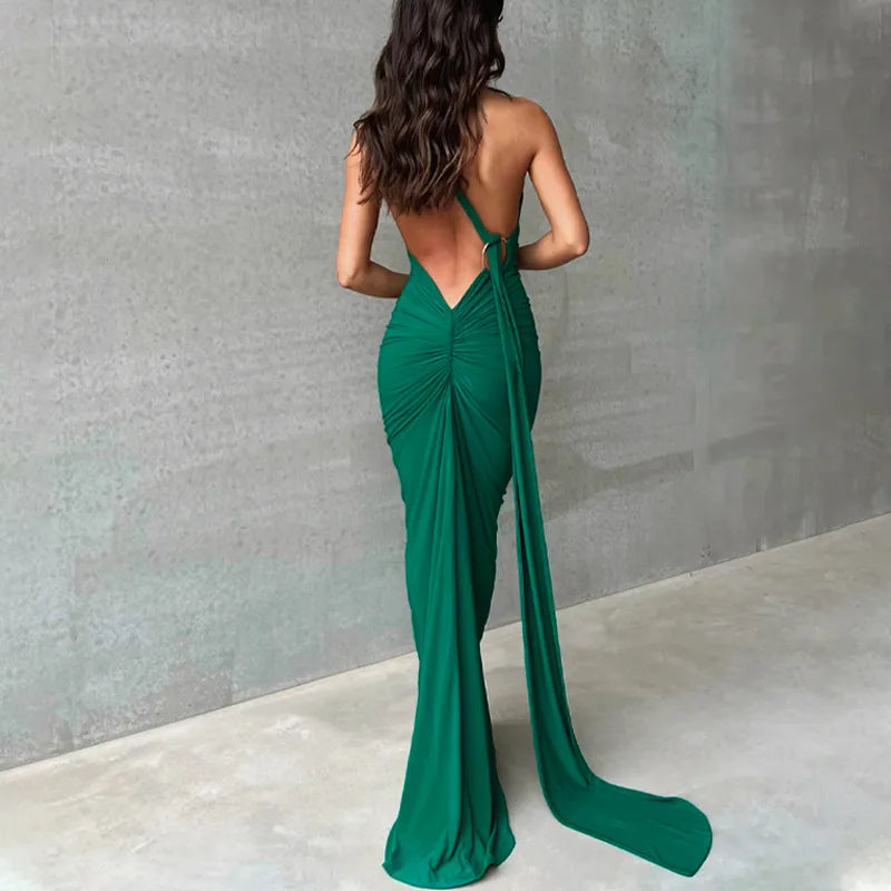 Hugcitar One Shoulder Backless Adjustable Scarf Loop Ruched Sexy Maxi Dress Women Elegant Y2K Streetwear Festival Outfit - Smarsty