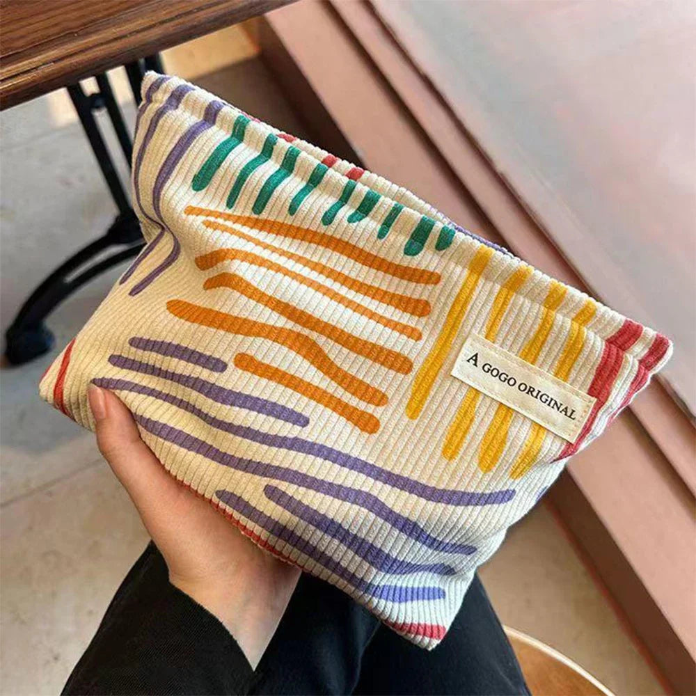 Colorful Stripes Corduroy Cosmetic Bag Portable Travel Toiletry Bag Skincare Sundries Aesthetic Makeup Storage Bag-zmt - Smarsty