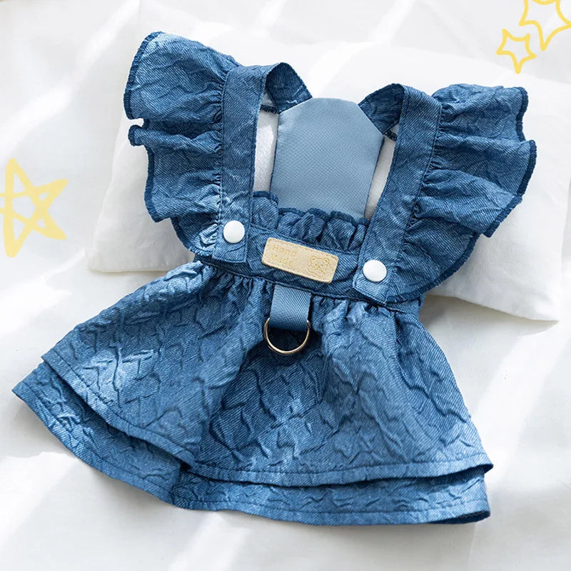 Denim Dog Dress for Small Dogs with Leash Ring - Smarsty