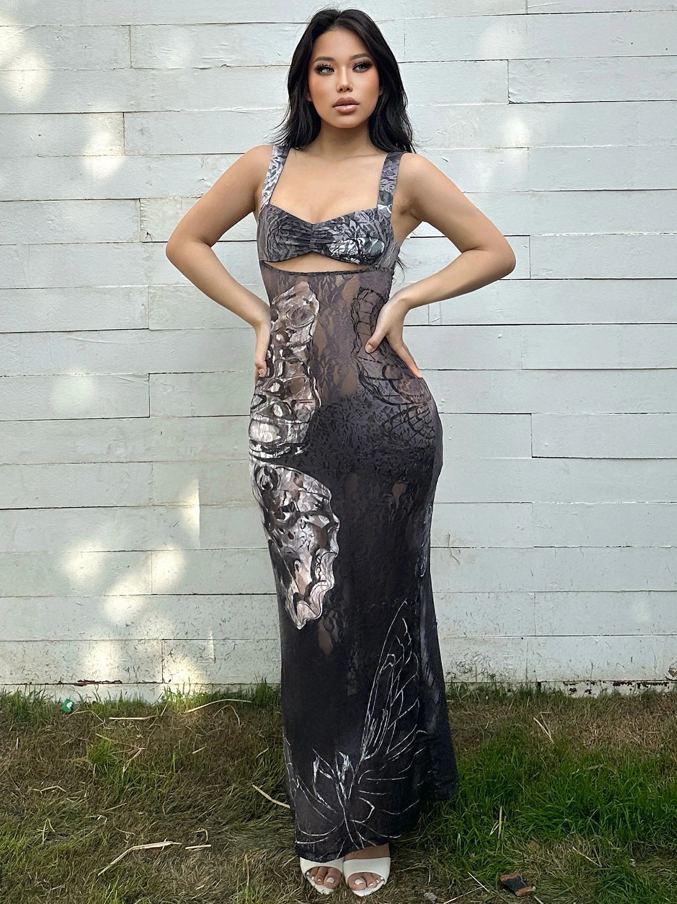 Dulzura Lace Print Cut Out Maxi Dress Bodycon Sexy Party Club Y2K Outfits Streetwear Bandage Dress Vestido Classic Prom - Smarsty