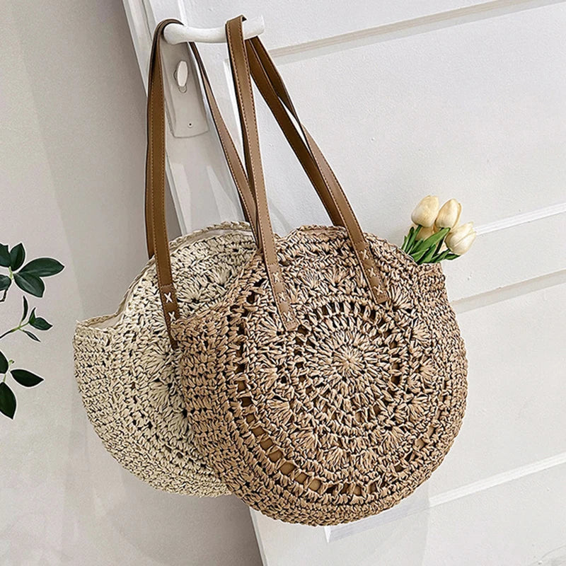Round Straw Beach Tote for Women Large Capacity Bag - Smarsty