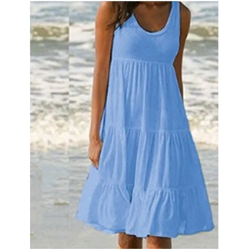 Bohemian Women's Casual O Neck Sleeveless Ruffle Mini Dress Solid Color Beach Tank Top Oversized Loose Dress Plus Size Women3029 - Smarsty