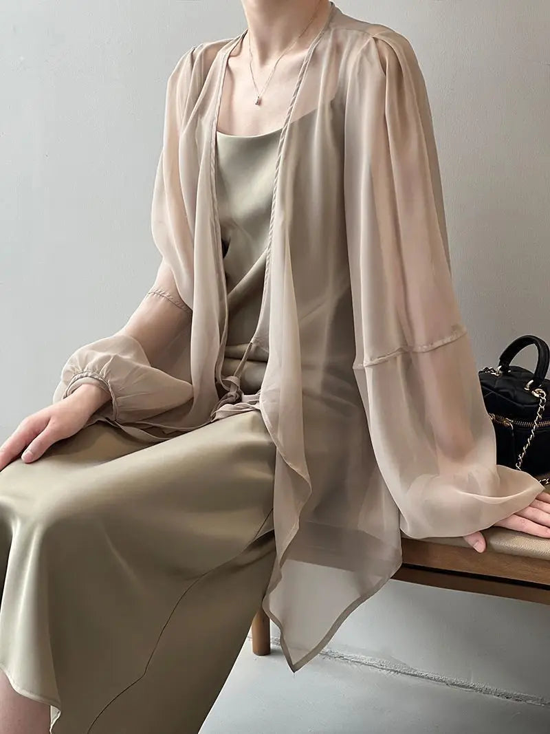 Shirts Women V-neck Loose Long Sleeve Open Stitch Korean Style Lace-up Simple Solid Summer Chiffon Breathable Minimalist Stylish - Smarsty