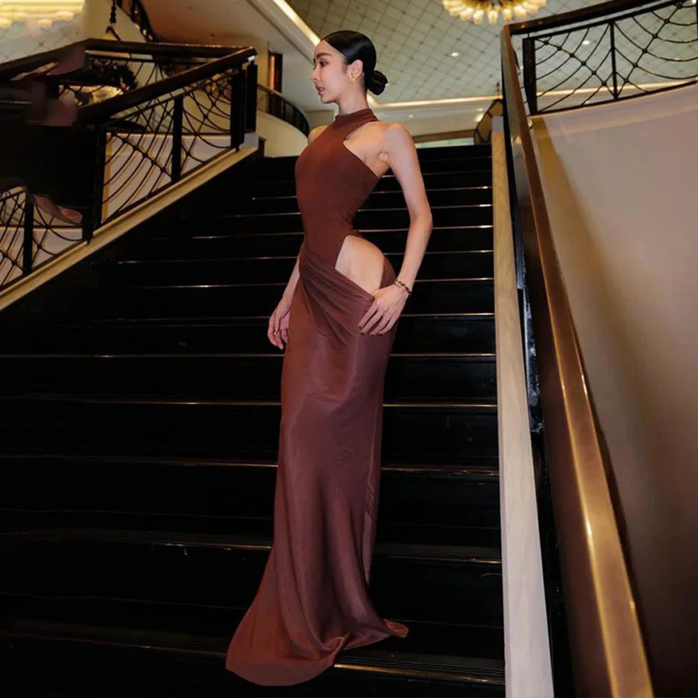 JULISSA MO Satin Sexy Hollow Out Women Maxi Dress Black Sleeveless High Waist Dress Female Autumn Skinny Elegant Party Clubwear - Smarsty