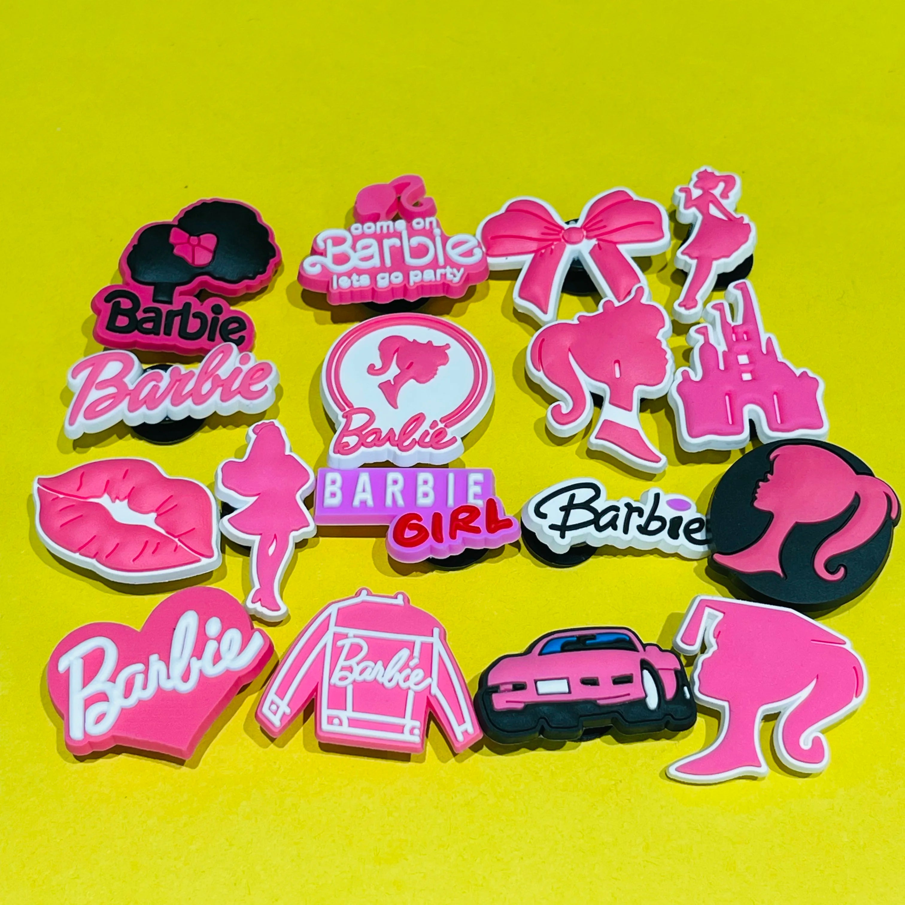 17PCS Cartoon Miniso Disney Barbie Girl Car Coat Bow Lips PVC Shoe Charms For Clog Pins Children Adorable Decoration Party Gift
