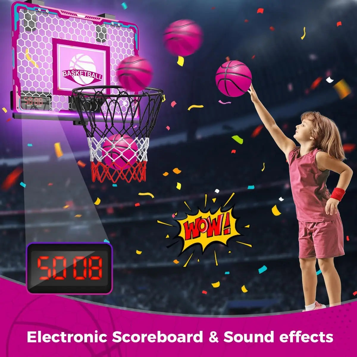 VATOS Basketball Hoop Mini Scoreboard for Girls 7-Color LED Light Basketball Sport Game Indoor Toy Gift for Age 3+ Kids Teens